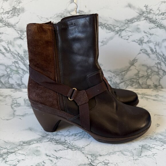 Merrell Women 8.5 Evera Fade Boots Brown Leather Side Zip Heel Mid Calf Shoe - Picture 1 of 6
